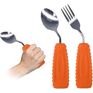 Ehucon 적응형 식기, 가중 각도식 은식기, 파킨슨 보조기, 은식기 숟가락 및 포크 세트 노인, 관절염, 치매, 장애인, 장애인용 손(오른손, 2팩, 오렌지)