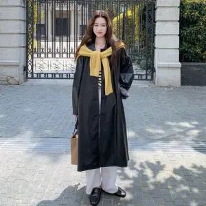 여성용 트렌치 코트 체크 블랙 롱 PU가죽 가을 빈티지 무드 힛템