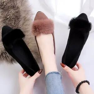 여성플랫 소프트플랫 여자단화 데이릴슈즈 퍼 겨울신발 기모안감 슈즈 스웨이드 장식