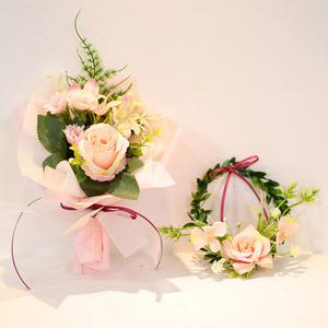 핸드메이드 코랄로즈 미니조화 꽃다발+리스 세트 납골당 꾸미기