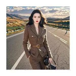 겨울 여자정장세트 여주인공 카키 니트 바지 세트 여 가을 ible4