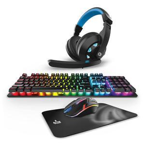 게임 펑크 4피스 PC 게이밍 번들, RGB 백라이트 키보드, 무선 LED 마우스, 마우스 패드, 라이트업 헤드셋, 마이크, 인체공학적 게이머 액세서리, 및 콘솔과 호환 가능