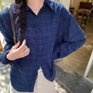 네이비 체크 셔츠 루즈핏 긴팔 남방 캐주얼