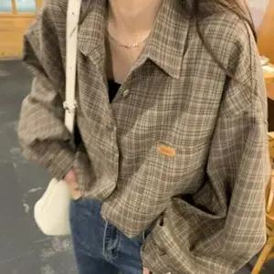 Brown 체크 셔츠 크롭 루즈핏 긴팔 남방 캐주얼