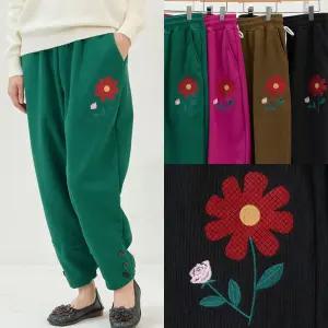 마미소 꽃 골덴 바지 기모 단추 패치 자수 무늬 스판 코듀로이 엄마 할머니 빅사이즈 40 60 마담 중년 여성 옷