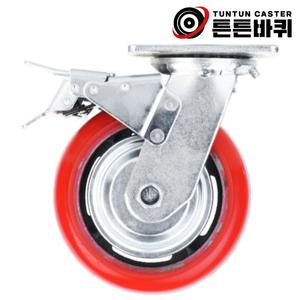 광폭 6인치 회전 탑브레이크형 우레탄 바퀴 하중360kg 바퀴폭48mm 캐스터