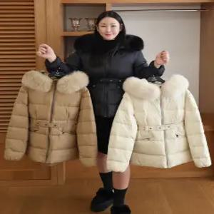 빅사이즈 100%폭스퍼 100%덕다운 구스 후드퍼 벨트 하프패딩 오리솜털90% 깃털10%
