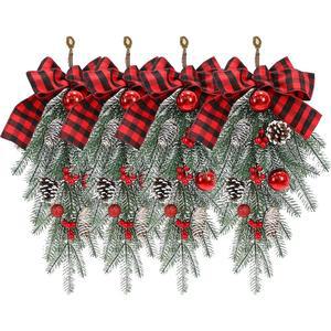 야외 장식용 크리스마스 스웨그, 갈랜드 스웨그 티어드롭 장식 파인 콘 레드 보우 소품 현관문 실내 실외 벽걸이 화환 펜던트