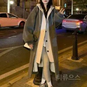 티류으스 여성 가을 겨울 롱 후드 원피스 코트 기모 플리스 오버핏 아우터 WX