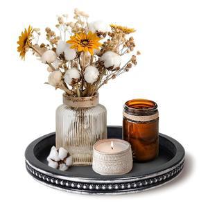 장식용 서빙 트레이 나무-나무 장식용, 커피 테이블 흰색 농가 구슬 원형 트레이, 거실 주방 카운터용 소박한 센터피스, 입구