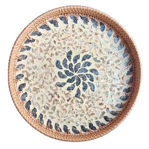 14인치 대형 라탄 서빙 트레이, 진주 어머니와 함께하는 원형 커피 테이블 트레이 장식, 보호 장식 손으로 짠 위커 홈 데코 (럭키 플라워)