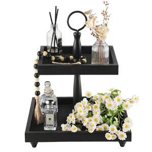 계층형 트레이 스탠드, 소박한 나무 2단 장식 트레이, 비드 갈랜드, 커피 바 홈 데코 홀리데이 할로윈 집들이 선물용 농가 사각형 서빙 카운터피스(블랙)