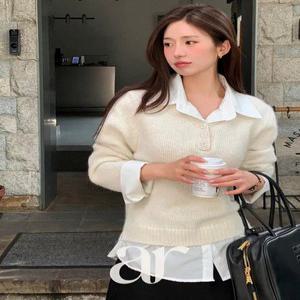 울함유 (출근룩으로 박제하세요) 코벤트 셔츠 배색 레이어드 버튼 니트 nt5211