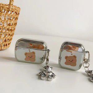 에어팟 1 2세대 포옹 흐뭇 곰 포인트 크롬 메탈 키링 보관 커버 케이스
