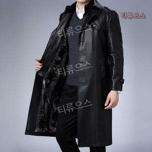 남자 가죽 코트 더블 캐주얼 롱 트렌치 재킷 하프 레더빅사이즈 고급스러운 간절기 티