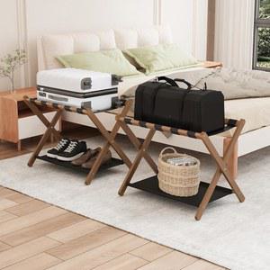 스머시 호두 대나무 러기지 랙 팩 2개, 접이식 캐리어 스탠드, 수납 선반, 쉽게 조립할 수 있는 러기지 스탠드, 5개의 나일론 스트랩이 있는 객실 호텔 침실용 러기지 스탠드