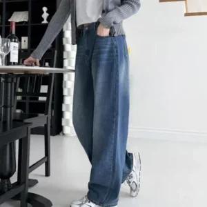 여성용 캐주얼 뒷밴드 배기 스타일 와이드 청바지
