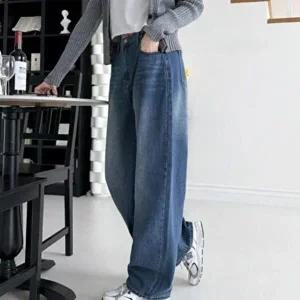 [신상오픈런]|CCP90F8|여성용 캐주얼 뒷밴드 배기 스타일 커브드 와이드 청바지
