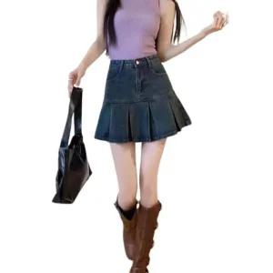 [아우트]데님 미커트 속바지 플리츠 청치마