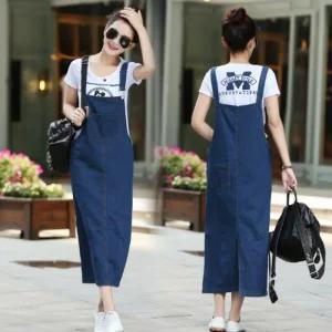 [아우트]데님 펀칭원피스 롱 멜빵치마 원피스