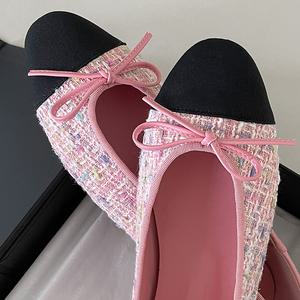 제니 배색 트위드 리본 플랫슈즈 1cm 투톤 샤첼 핑크 콤비 발레리나 단화 #빅사이즈 2509