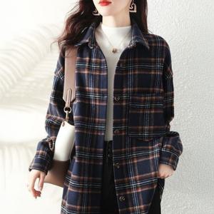 여성 일자핏 롱기모 체크셔츠 네이비