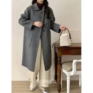 로브 핸드메이드 롱 코드 더블 양모 겨울코트 여성 코트 오버핏