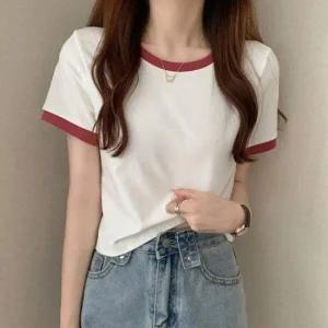포인트 베이직 배색 무지 크롭 올데이 반팔티