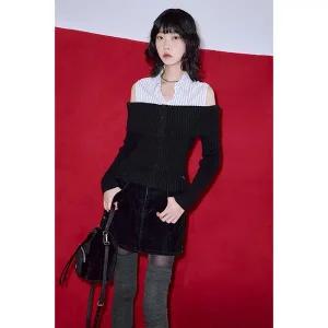 [LAP](센텀시티점)오프숄더 스트라이프카라배색 니트 AQ4KHA33