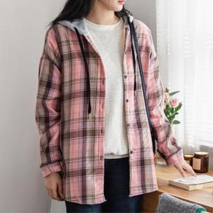 [모드제니] 겨울 여성 루즈 기모 체크 후드 셔츠 남방 2컬러