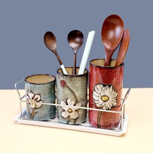 플라워 도자기 3구 수저통 물받이포함 수저꽂이 조리도구통 수저함