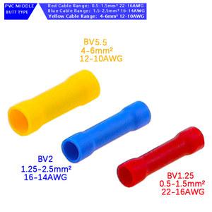 PVC 구리 도체 절연 직선 와이어 버트 커넥터, 전선 케이블 크림프 단자 세트, BV1 25 레드 BV2 블루 BV5