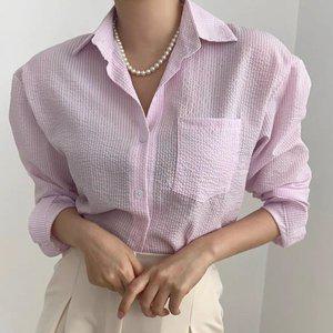 [신세계라이브쇼핑][샵앤] 여성 카라넥 스트라이프 베이직 긴팔 남방 셔츠 21DS-WBL-4147-핑크