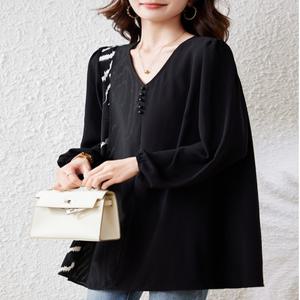 여성 임부복 셔츠 블라우스 빅사이즈 루즈 시크 V넥 디자인 쉬폰 티셔츠 뚱뚱한 시크
