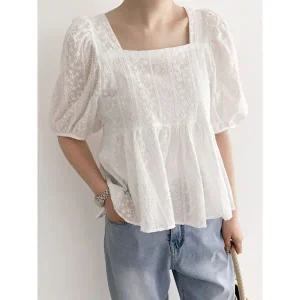 [하프클럽/샵앤]여성 스퀘어넥 퍼프 뒷리본 펀칭 반팔 블라우스 MSE-WBL-20705-