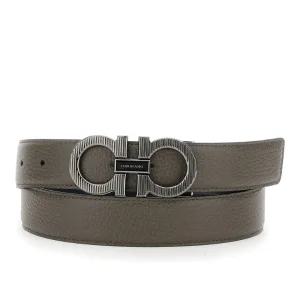 페라가모 그레이 텍스처드 가죽 더블 링 버클 벨트 670574 0786346