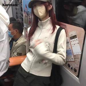 [이어커버]Karrram 일본 하라주쿠 터틀넥 카디건 빈티지 그런지 프린트 자켓 Fairycore Y2k 리브 가디건 E-