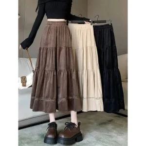 프릴 캉캉 롱 스커트 벨벳 스티칭 여성 여름 하이웨스트 슬림