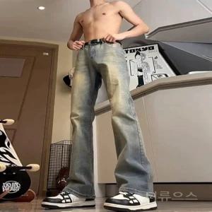 티류으스 남성용 아메리칸 스트리트 레트로 블루 하이웨이스트 청바지 가을용 키큰이 슬림 스트레이트 부츠