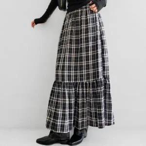 [다잇템] 여성 콘트라스트 격자 프릴 롱 키치무드 티어드 색상 스커트_23358710_588872