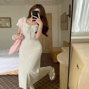 [아우트]면원피스 레이스 프릴 롱 원피스 슬림핏