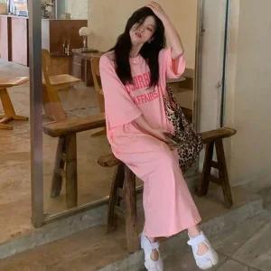 [아우트]간편 밑단 절개 캐주얼 롱 반팔 원피스