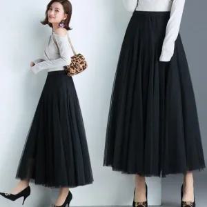 쁘띠 쉬폰 롱 치마 망사 프릴웨이브 밴딩 롱 스커트