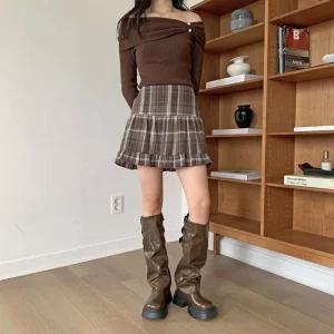 여성 러블리 뒷밴딩 핀턱 캉캉 프릴 체크 미니 스커트