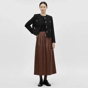 여성 허리밴딩 가죽 인조 레자 A라인 플레어 롱스커트 NTT-WSK-20813-브라운