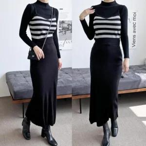 [아우트]롱니트스커트 단가라 나시 롱스커트 세트