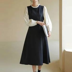 ONM 여성 레이스 넥 허리 매듭끈 원피스 소매배색 하객룩