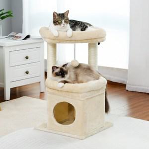 PAWZ Road 3단 소형 캣타워 고양이 하우스 낮은 플랫폼 숨숨집 기둥형 스크래쳐 패브릭 68cm, 베이지, 1개
