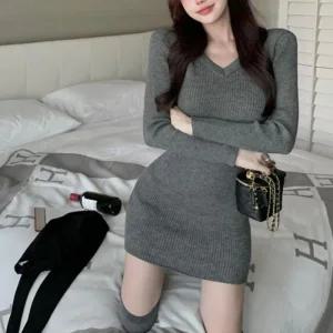 여자 크리스마스 스웨터 슬림핏 V넥 미니원피스_3