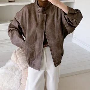 여자 가을아우터 블루종 집업 오버핏 밴딩 가죽 자켓